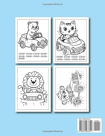 Animals in Cars Color by Number and Dot to Dot: Activity Book For Kids Ages 4-8: Fun Activity Book with Cute Animals Driving Cars.